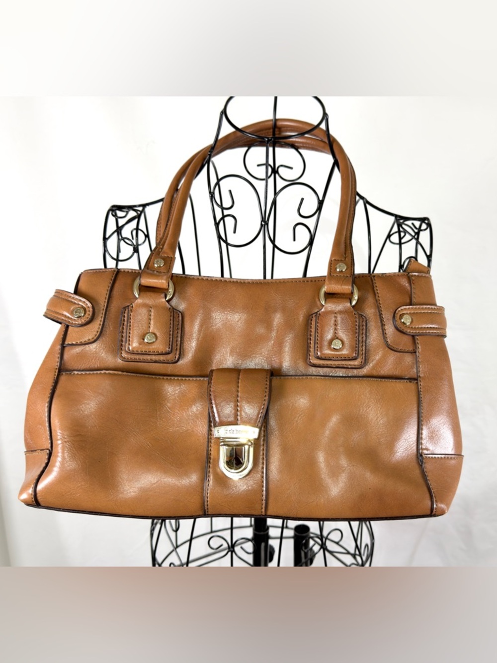Liz Claiborne Cognac Brown Satchel Handbag Gold Hardware Turn Lock